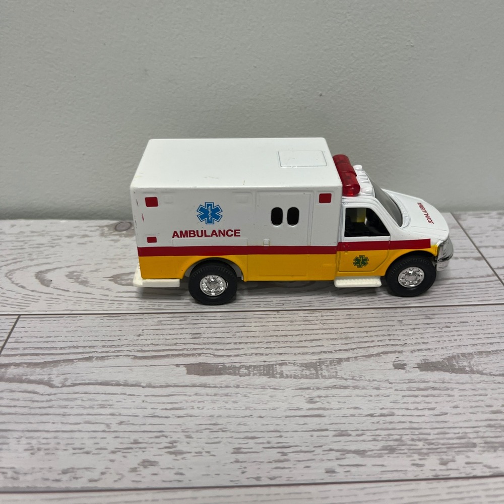 Schylling Die-Cast Ambulance Pull-Back Toy Emergency Vehicle White Yellow 5 Inch